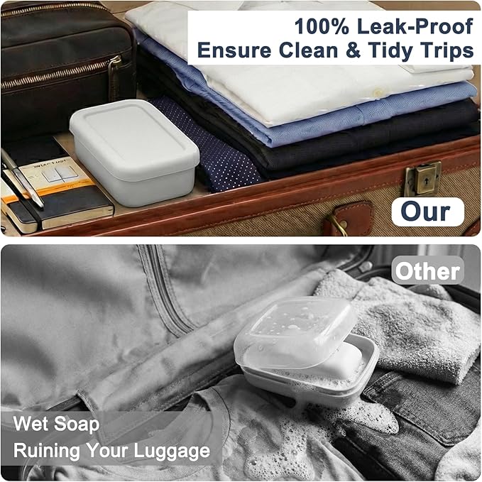 Leak Proof Silicone Travel Soap Case with Draining Tray - Bar Soap Holder for Travel, Gym & Camping - Mess-Free Portable Soap Container for Carry-on Bags (White)