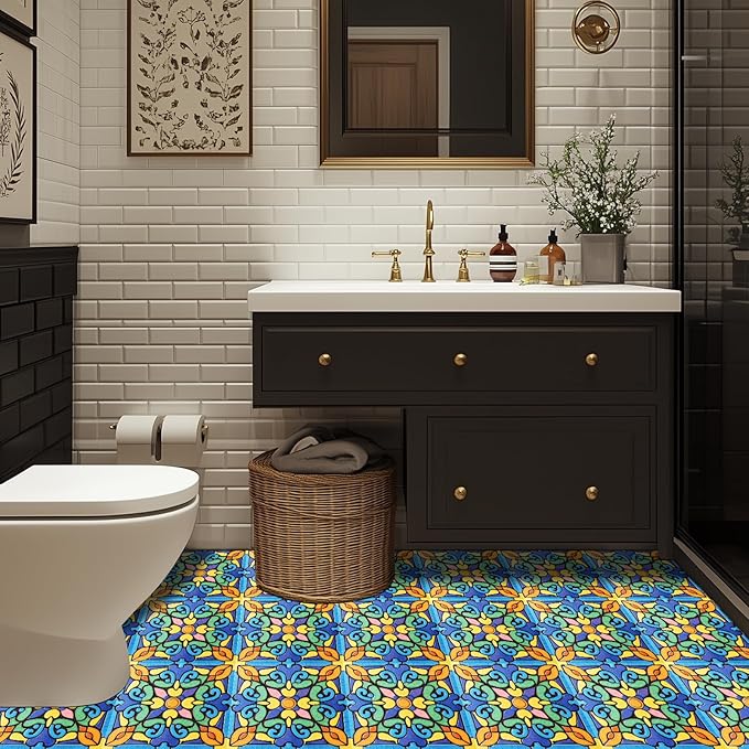 10PCS 12x12 Inch Spanish Mosaic Peel and Stick Floor Tiles Removable Self Adhesive Vinyl Flooring Stickers for Kitchen Balcony Bathroom Patio Decor