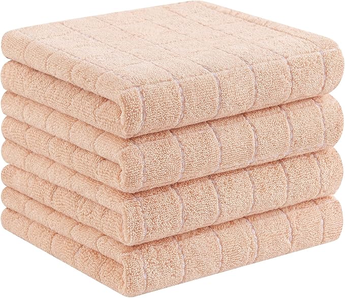 Homaxy 100% Cotton Terry Kitchen Towels(Apricot, 13 x 28 inches), Checkered Designed, Soft and Super Absorbent Dish Towels, 4 Pack