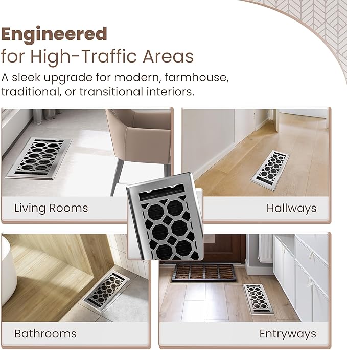 Floor Register 4x10 Vent Cover – 8 Pack – Heavy-Duty Steel, Rustproof & Walkable Grates, Easy Drop-in Install, Adjustable Air Supply Switch - Decorative Honeycomb Design, Brushed Nickel