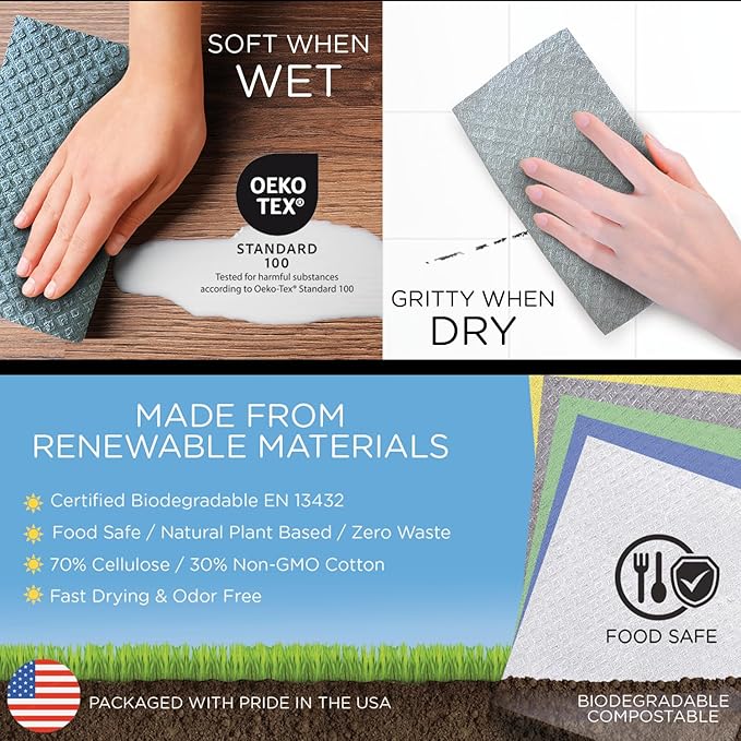 LOLA Swedish Dishcloths for Kitchen XL, 30 Sheet Roll, Biodegradable & Compostable, Reusable Paper Towel Cleaning Cloths, 11" x 10", No Odor, Washing Dishes, Ultra Absorbent Cellulose Sponge Towel
