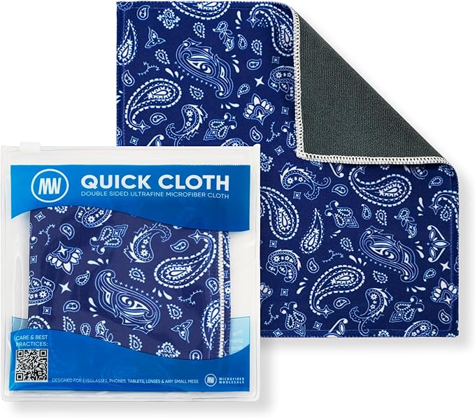 Quick Cloth Microfiber Glasses Cleaning Cloths – 8x8, Paisley Blue, 1 Pack with Case | Double-Sided Lens Cleaner for Eyeglasses, Camera, Screens & Glass | Reusable Microfiber Glass Polishing Cloths