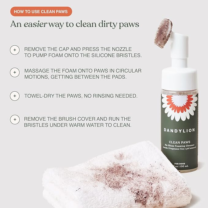 Dandylion Clean Paws No-Rinse Foaming Cleanser Refill – Gentle, Fragrance-Free, pH-Balanced for Dogs, 10 fl oz