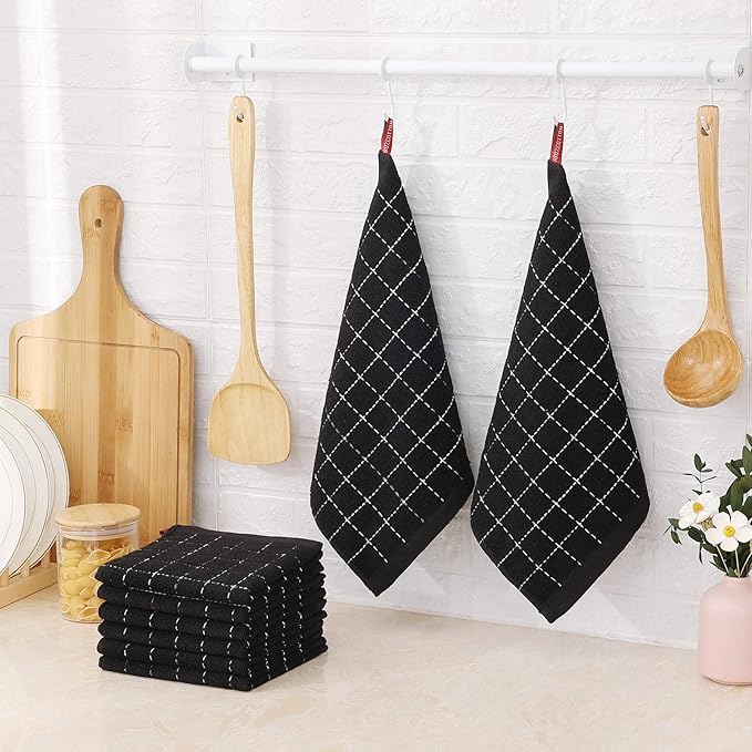 Mordimy 100% Cotton Terry Cloth Dish Cloths, Soft and Absorbent Checkered Dish Towels, Quick Drying Dish Rags for Washing Dishes, 12 Pack, 12 x 12 Inches, Black