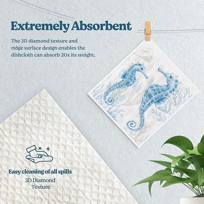 Swedish Dishcloths for Kitchen, Summer Ocean Coastal Beach Decor Kitchen Dish Towels for Washing Dishes, 4 Pack Reusable Paper Towels Washable, Sponge Cloths for Home Cleaning Baking Cooking
