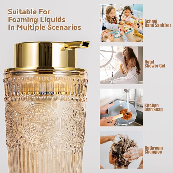 Gold Foaming Soap Dispenser - 7 Oz Amber Glass Foaming Hand Soap Dispenser for Bathroom & Kitchen, Hand Wash Dispenser with Golden Foam Pump, Refillable Dish Soap Foam Dispenser
