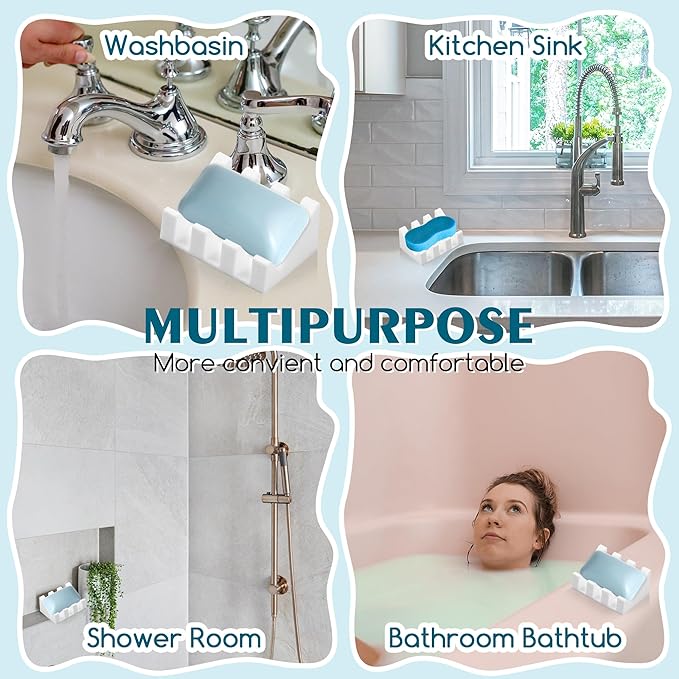 Silicone Soap Dish with Drain, Upgrade Double Suction Cups at The Bottom for Anti-Slip and Stability, Soap Dish Shower Waterfall Bar Soap Holder Tray with Drain Soap Holder (3, White)