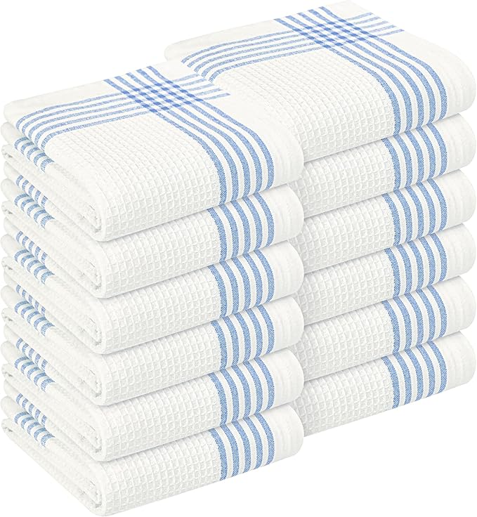 Waffle White & Sky Blue Kitchen Towels 12 Pack, 100% Cotton 16x26 inches, Quick Dry Bar Mop Towel, Super Absorbent Wash Cloths for Cleaning, Drying Dishes, Long Lasting Dishcloth