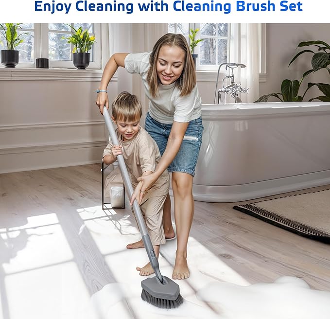 DSV Standard Tile Tub Scrubber Brush Shower Scrubber with Long Handle, 3-in-1 Cleaning Brush with 3 Detachable No Scratch Brush Heads, 56’’ Scrub Brush for Shower, Bathroom, Wall, Kitchen, Sink,Toilet