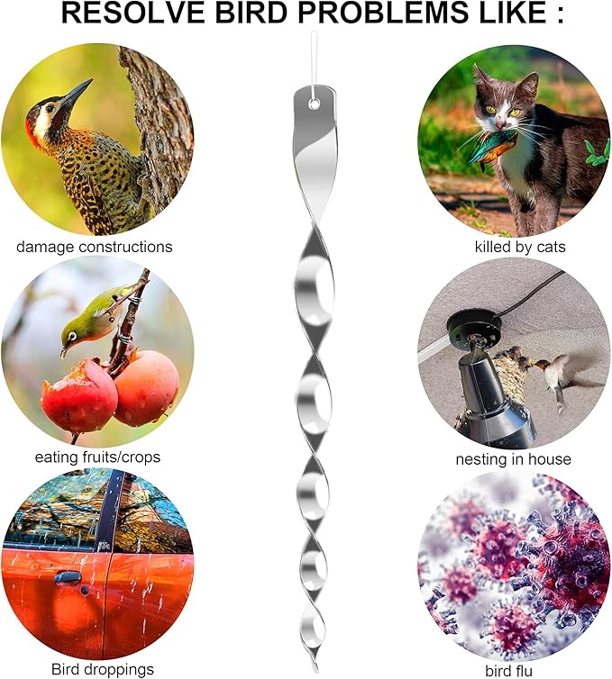 Hausse 10 Pack Bird Deterrents for Outside, Bird Repellent Hanging Silver Plastic Reflectors Scare Rods, Garden Decorative Reflective Scare Birds Away, Like Woodpeckers, Pigeons and Geese