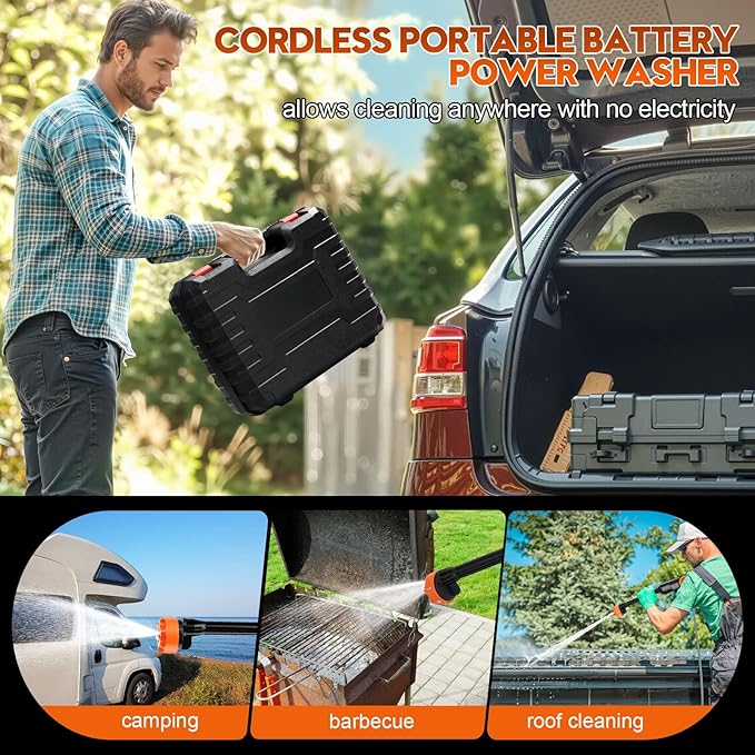 Portable Cordless Pressure Washer, Electric Power Washer Battery Powered, Handheld Car Washer with 6-in-1 Nozzle,17FT Drain Hose, Power Cleaner for Patio Floor Fence Deck Indoor