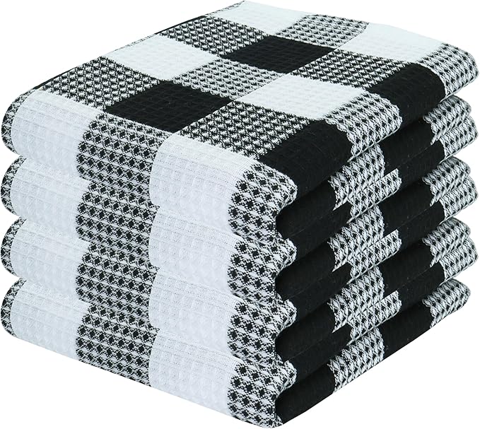 PurpleEssences 100% Cotton Waffle Weave Check Plaid Kitchen Towels, Super Soft and Absorbent Dish Towels for Drying Dishes 15 x 25-4 Pack - Christmas Holiday Winter - Black and White