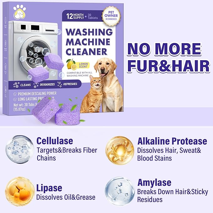 30 Pack Washing Machine Cleaner Tablets, Deep Cleaning for HE, Front＆Top Loader Washer, Natural Fresh Formulared for Pet Owners, Heavy Duty, Septic Safe (Over 12 Month Supply), 15G, Purple