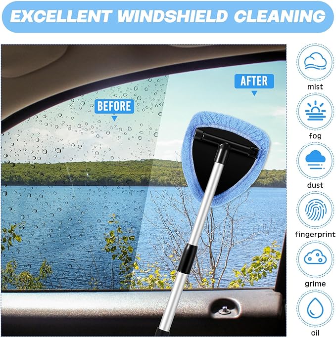 8 Pcs Car Windshield Cleaner Tool Kit with Extendable Handle, Microfiber Towel Pads, Brush, Empty Spray Bottle for Auto Glass Wiper Suvs Rvs & Home Windows(Light Blue)