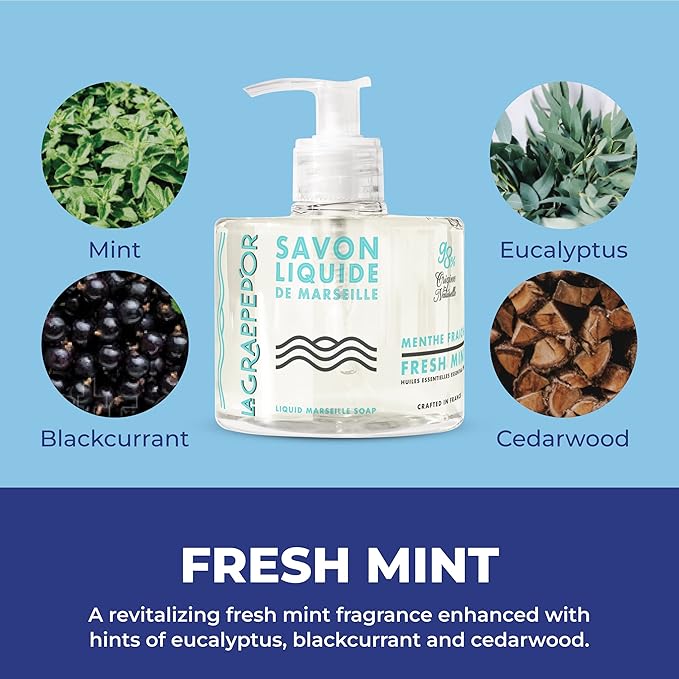La Grappe d'Or Fresh Mint Marseille Hand Soap with Essential Oils | Handmade in France from Moisturizing Organic Olive & Coconut Oil | Natural, Cruelty-Free & Vegan, 11.10 oz Liquid