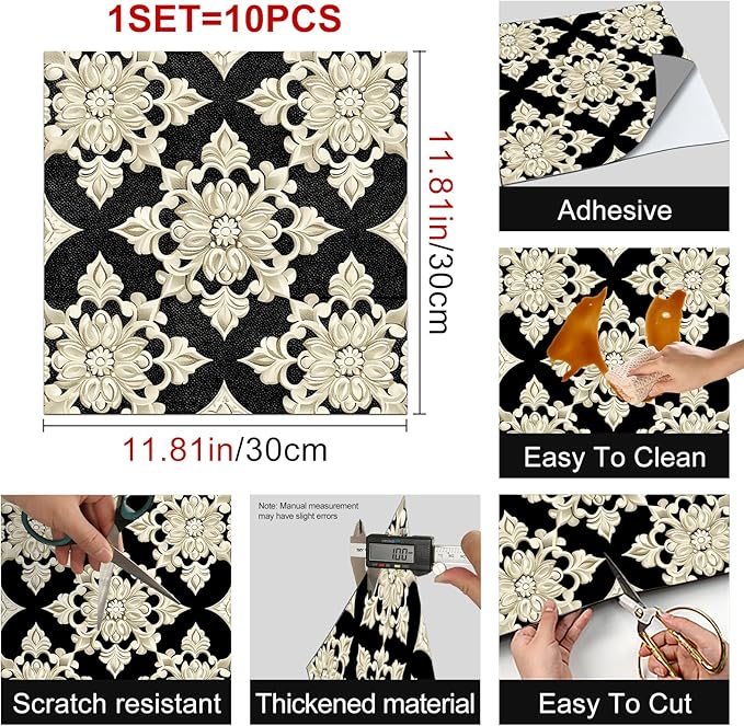 10PCS 12x12 Inch Baroque Floral Peel and Stick Floor Tiles Removable Self Adhesive Vinyl Flooring Stickers for Bathroom Living Room Bedroom Home Decor