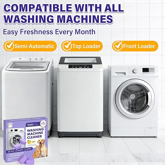 30 Pack Washing Machine Cleaner Tablets, Deep Cleaning for HE, Front＆Top Loader Washer, Natural Fresh Formulared for Pet Owners, Heavy Duty, Septic Safe (Over 12 Month Supply), 15G, Purple