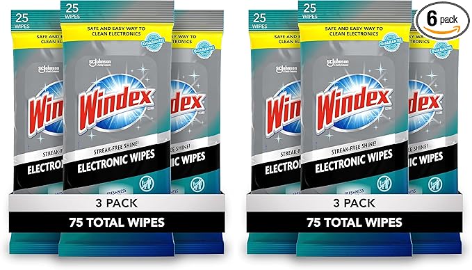 Windex Electronic Cleaning Wipes, Pre-Moistened Screen Wipes for TVs, Phones, and Other Electronics, Resealable for a Freshness Lock, 25 Count (Pack of 6)