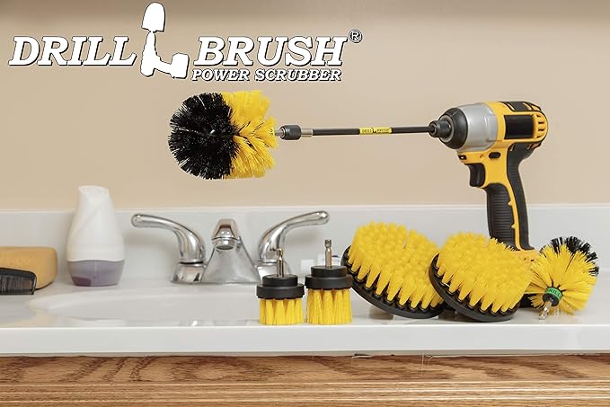 Drillbrush Ultimate Yellow Cleaning Tools - Drill Brush Attachment for Bathroom, Shower, Tub, Tile, Grout, Toilet, and Sink - Bathroom Scrubber Cordless Drill Attachment - Shower Detailing Brush Set