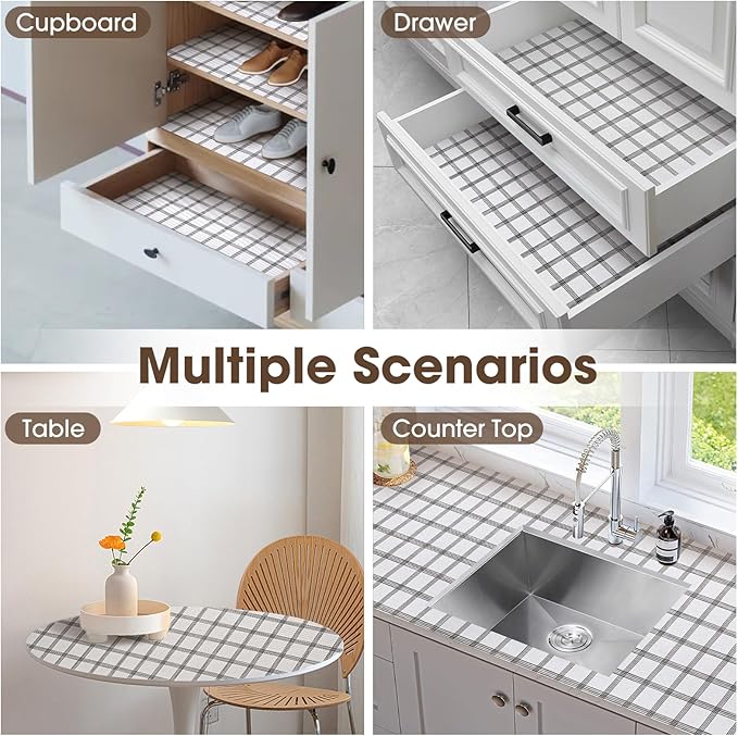 Drawer and Shelf Liner, Non-Slip Kitchen Cabinet Liners Non-Adhesive Thick Strong Grip Waterproof Washable Mats Protect Dresser Shelves Cupboard Bathroom Cabinets, White Stripes, 10 in X 20 FT