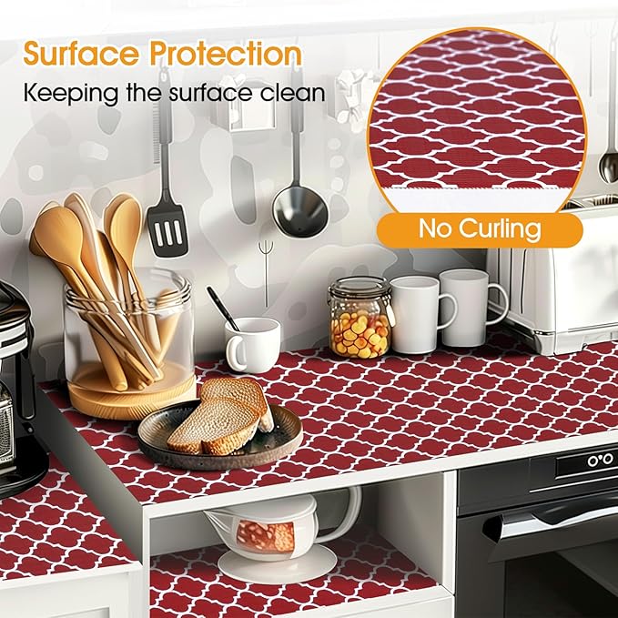 Shelf and Drawer Liner for Kitchen Cabinets Non-Adhesive, Strong Grip Non-Slip Thickened Cabinet Liners for Shelves, Waterproof Mats for Dresser Cupboard, Red/White, 17 in x 20 Feet