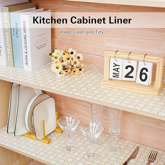 Drawer and Shelf Liner for Kitchen Cabinet,Non-Adhesive Cabinet Liner 18in x 20FT,Waterproof Shelf Paper Non-Slip Mats Cupboard Liners Contact Protect Dresser/Shelves/Table-Gold Octagonal