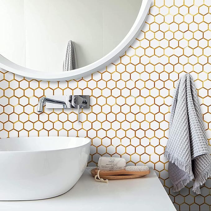 DICOFUN 1 Sheet Hexagon Peel and Stick Backsplash Tile, Polished White Tile Look Mixed Gold Kitchen Backsplash Peel and Stick Wall Tiles