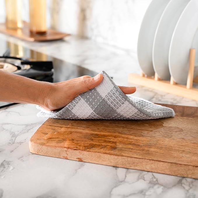 Blue Needles Waffle Weave Check Plaid Dish Cloths, 12x12 Inches 100% Cotton Set of 6 Dish Towels for Kitchen, Ultra Soft & Absorbent Kitchen Towels for Quick Drying Spring Summer - Ash Grey & White