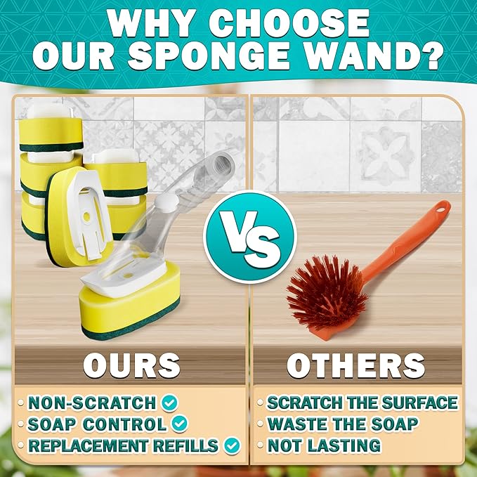 Dish Wand with Soap Dispenser - Dish Sponge with Handle for Quick Dishwashing, High-Density Non-Scratch Cellulose Head, 7 Sponge Refills Included - Leak-Proof Design for Clean & Easy Soap Control