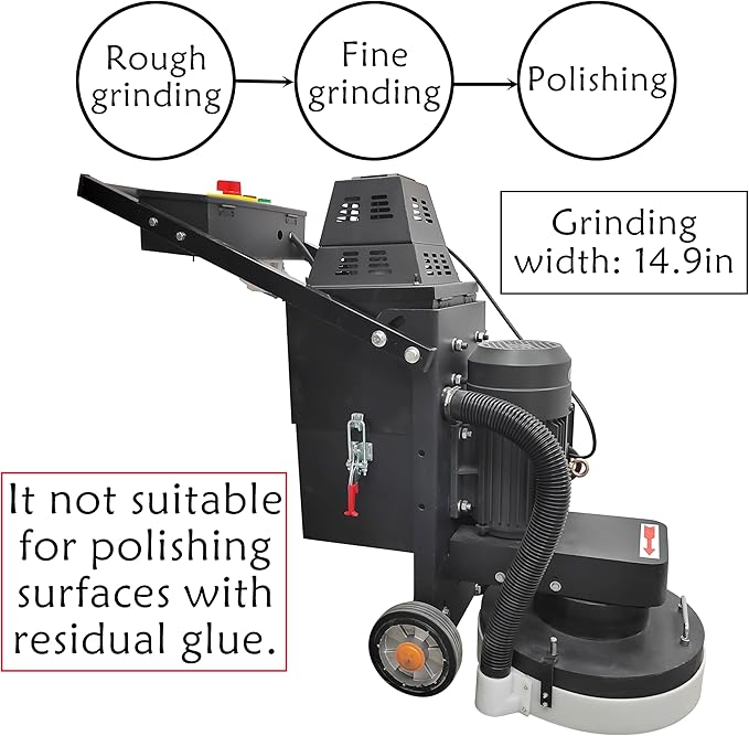 TECHTONGDA Concrete Floor Grinder Polisher 5 Head Grinding Base 14.9in Grinding Width with Built-in Dust Collection Fan for Construction Sites Industrial Workshops Garage 220v/4kW