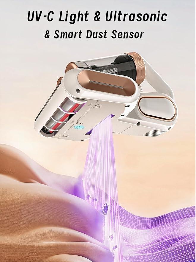 Cordless Double-Cup Mattress Vacuum Cleaner, 13kpa Suction 273nm UV-C Light, 80000 RPM/Min Brushroll Rotation, USB Rechargeable Handheld Vacuum for for Mattress & Upholstery (Gray)