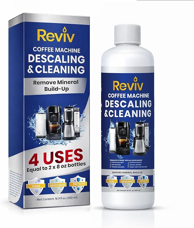 REVIV Coffee Maker Descaling Solution (4 Uses) 16.9 fl oz – Universal Coffee Descaler for Keurig, Nespresso, Breville & Delonghi Machines – Descaler for Multi-Cup & Single Serve Brewers