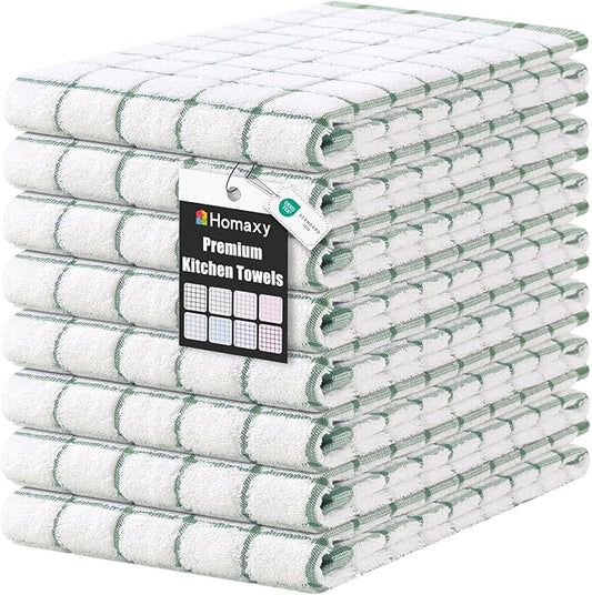 Homaxy Premium Kitchen Towels(16”x 28”, 8 Pack), Large Ring Spun Cotton Dish Towels, Super Absorbent Soft Terry Kitchen Hand Towels, Check Design Tea Towel Set with Hanging Loop, Grass Green