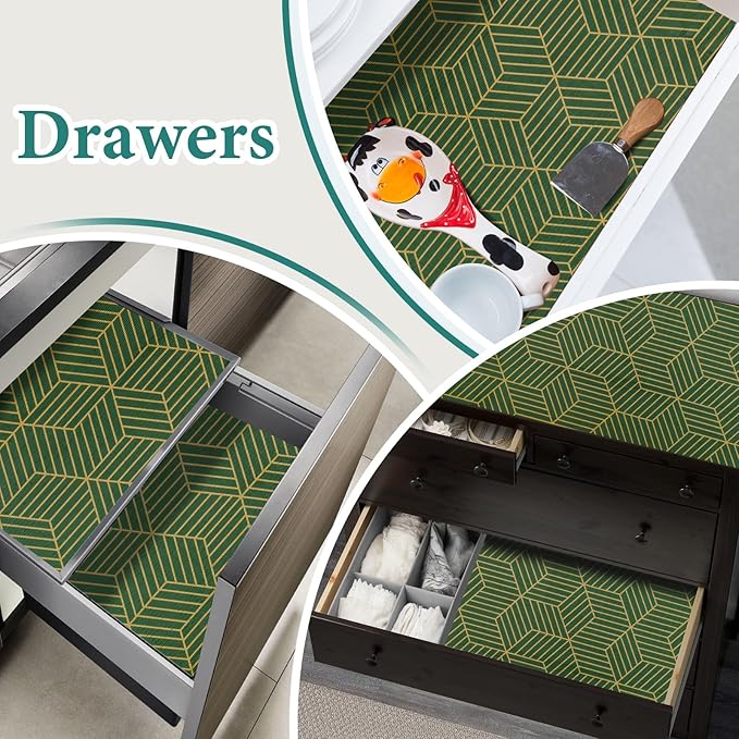 Shelf Liners for Kitchen Cabinets 17.5in x 20FT, Non Adhesive Cabinet Liner Strong Non-Slip Thickened Gold Green Geometric Drawer Liner, Easy to Clean for Shelf, Cabinet with Knife and Tape Measure