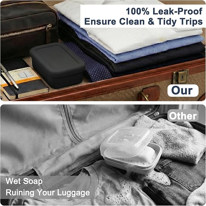 Leak Proof Silicone Travel Soap Case with Draining Tray - Bar Soap Holder for Travel, Gym & Camping - Mess-Free Portable Soap Container for Carry-on Bags (Black)