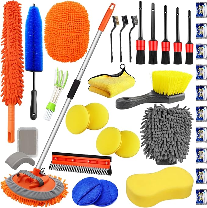 Jaronx 62" Car Wash Brush with Long Handle Car Cleaning Kit,Chenille Microfiber Car Washing Mop,Car Detailing Brushes Kit Wheel Tire Brushes Car Duster Windshield Window Squeegee for Cars RV SUV Truck