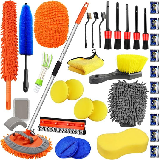 Jaronx 62" Car Wash Brush with Long Handle Car Cleaning Kit,Chenille Microfiber Car Washing Mop,Car Detailing Brushes Kit Wheel Tire Brushes Car Duster Windshield Window Squeegee for Cars RV SUV Truck