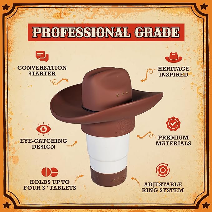 Cowboy Hat Western Floating Pool Chlorine Dispenser - Large Capacity Floater for 3" Tabs, Adjustable Flow, Unique Added Buoyancy, Weather Durable PP & ABS in Brown or Gray (Gray)