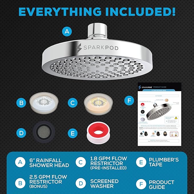 SparkPod Shower Head - High Pressure Rain - Premium Quality Luxury Design - No Tools Needed - Easy Clean Adjustable Replacement for Your Bathroom Shower Heads (Luxury Polished Chrome, 6 Inch Round)