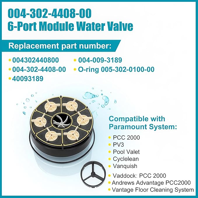6-Port Water Valve Module Kit Compatible with Paramount In-Floor Pool Cleaning Systems – Replaces 004-302-4408-00 & Includes O-Ring – Fits PCC2000, Pool Valet, PV3, Vanquish & More