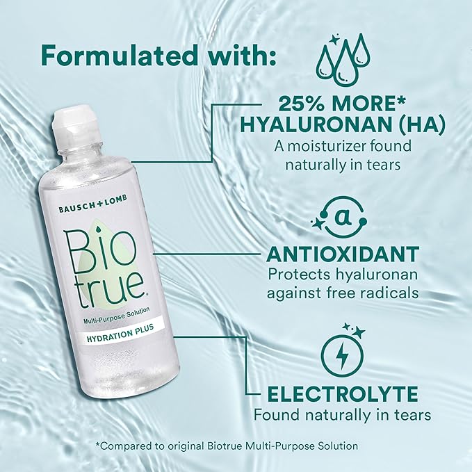 Biotrue Hydration Plus Contact Lens Solution, Multi-Purpose for Soft Lenses, Hydrates with Hyaluronan, Cleans, Clears, and Disinfects for All-Day Comfort, 4 Fl Oz (Pack of 1)