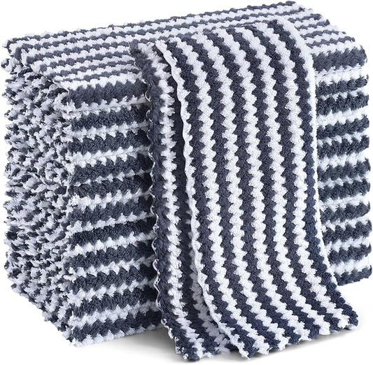 Homaxy 12 Pack Kitchen Dish Cloths, Ultra Soft and Absorbent Dish Towels, Reusable Fast Drying Microfiber Cleaning Cloth, Coral Velvet Wave Design No-lint, 10 x 10 inches, Dark Grey