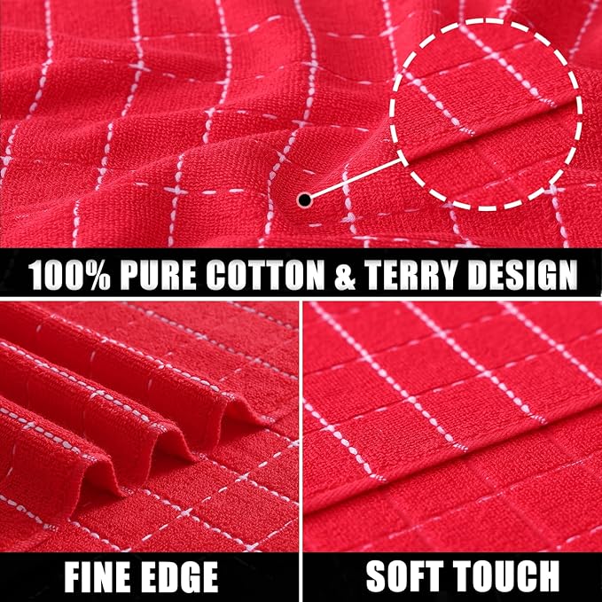 Mordimy 100% Cotton Terrycloth Kitchen Towels and Dishcloths Sets, Soft and Absorbent Checkered Dish Towels, Quick Drying Dish Rags for Washing Dishes, 4 Pack 16" x 26" & 4 Pack 12" x 12", Red