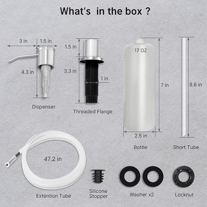 Built-in Soap Dispenser for Kitchen Sink, Soap Dispenser Pump Set with 17oz Bottle and 47.2-inch Extension Tube Kit for Dish Detergent - Stainless Steel, Brushed Nickel