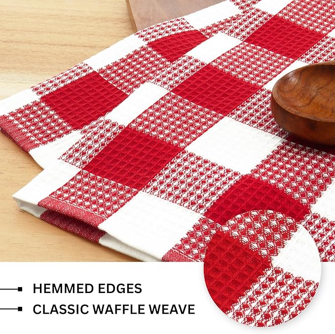 PurpleEssences 100% Cotton Waffle Weave Check Plaid Kitchen Towels, Super Soft and Absorbent Dish Towels for Drying Dishes 15x25-6 Pack - Christmas Holiday Winter - Red and White