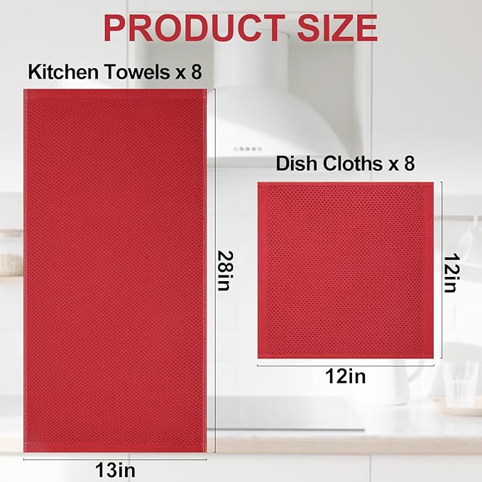 Homaxy 100% Cotton Kitchen Towels and Dishcloths Set, 12 x 12 Inches and 13 x 28 Inches, Set of 16 Bulk Kitchen Towels Set, Ultra Soft Absorbent Dish Cloths for Washing Dishes, Red