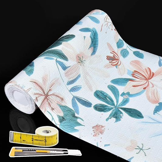 Shelf Liners for Kitchen Cabinets 17in x 30FT, Non Adhesive Drawer Liner Colored Flowers Thickened Shelf Liner Non-Slip Easy to Clean for Tool Box Refrigerator with Knife and Tape Measure