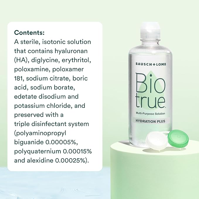 Biotrue Hydration Plus Contact Lens Solution, Multi-Purpose for Soft Lenses, Hydrates with Hyaluronan, Cleans, Clears, and Disinfects for All-Day Comfort, 4 Fl Oz (Pack of 1)