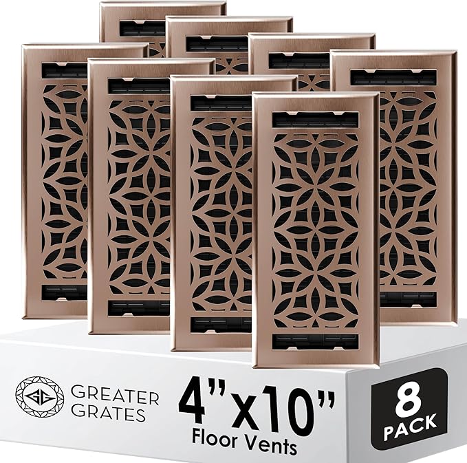 Floor Register 4x10 Vent Cover – 8 Pack – Heavy-Duty Steel, Rustproof & Walkable Grates, Drop-in Install, Adjustable Air Supply Switch - Decorative Floral Design, Satin Bronze
