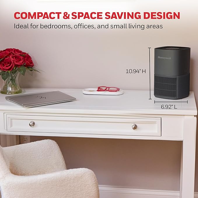 Honeywell AllergenPlus HEPA Air Purifier for Home, 530 Ft² Rooms in 1 hour, 3-in-1 Filter, Compact Design, Auto Mode, Reduces Allergens, Dust, Pollen, Smoke, Pet Dander, Odors, Grey, HPA125V